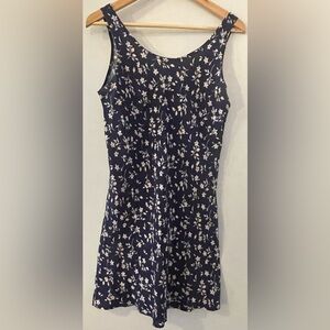 Cute, Comfy & Light Summer Tank Dress, Dark Blue w/White & Pink Flowers (M)